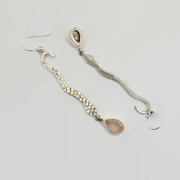 Snake Earrings, Sterling Silver, Rose Quartz, Faceted Stone, 3" Long, Statement - Picture 6 of 6